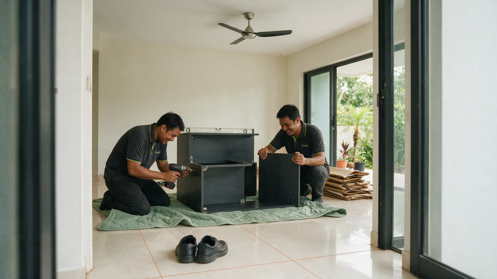A fitter assembling furniture in a home