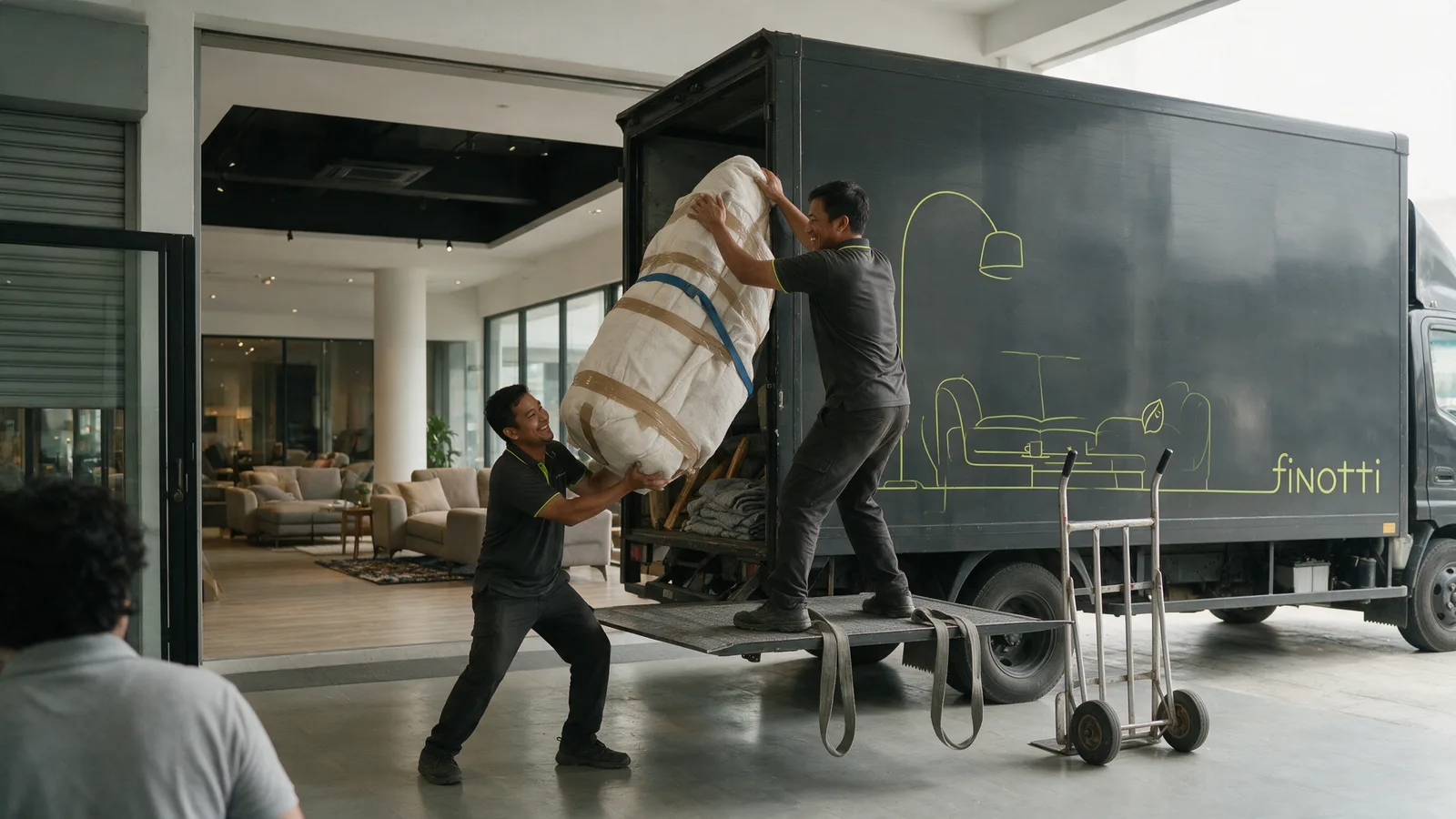 Furniture being wrapped and strapped for transport